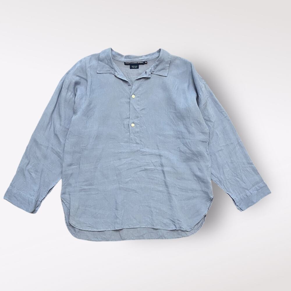 Ralph Lauren Sport Women’s Light Blue Linen Quarter Button Blouse Size 14